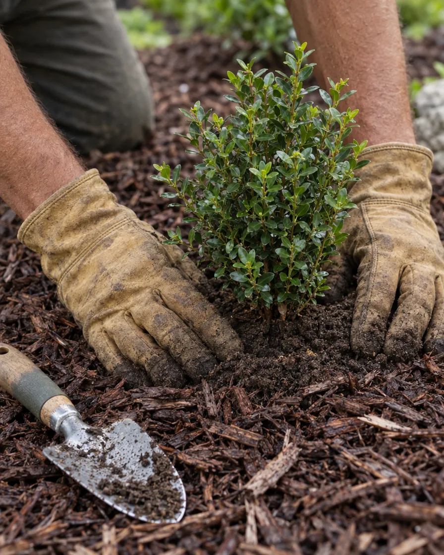 Gloved hands setting a young shrub into fresh mulch