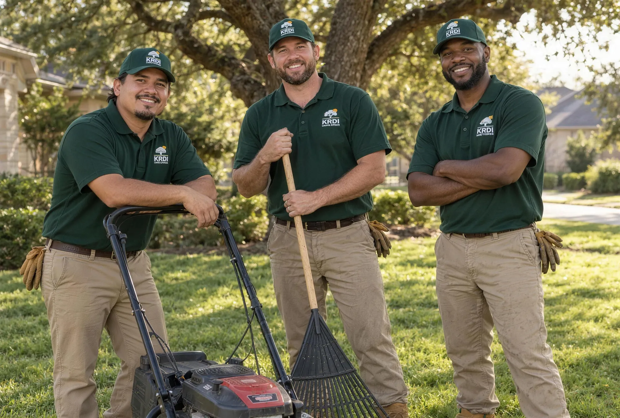 Three KRDI crew members in green logo shirts and caps standing on a mowed lawn with a mower and rake